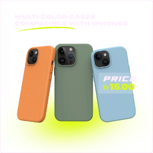 special sale Multi-color iPhone cases in orange, green, and blue with a price tag of AED 15.00 on a dark gradient background