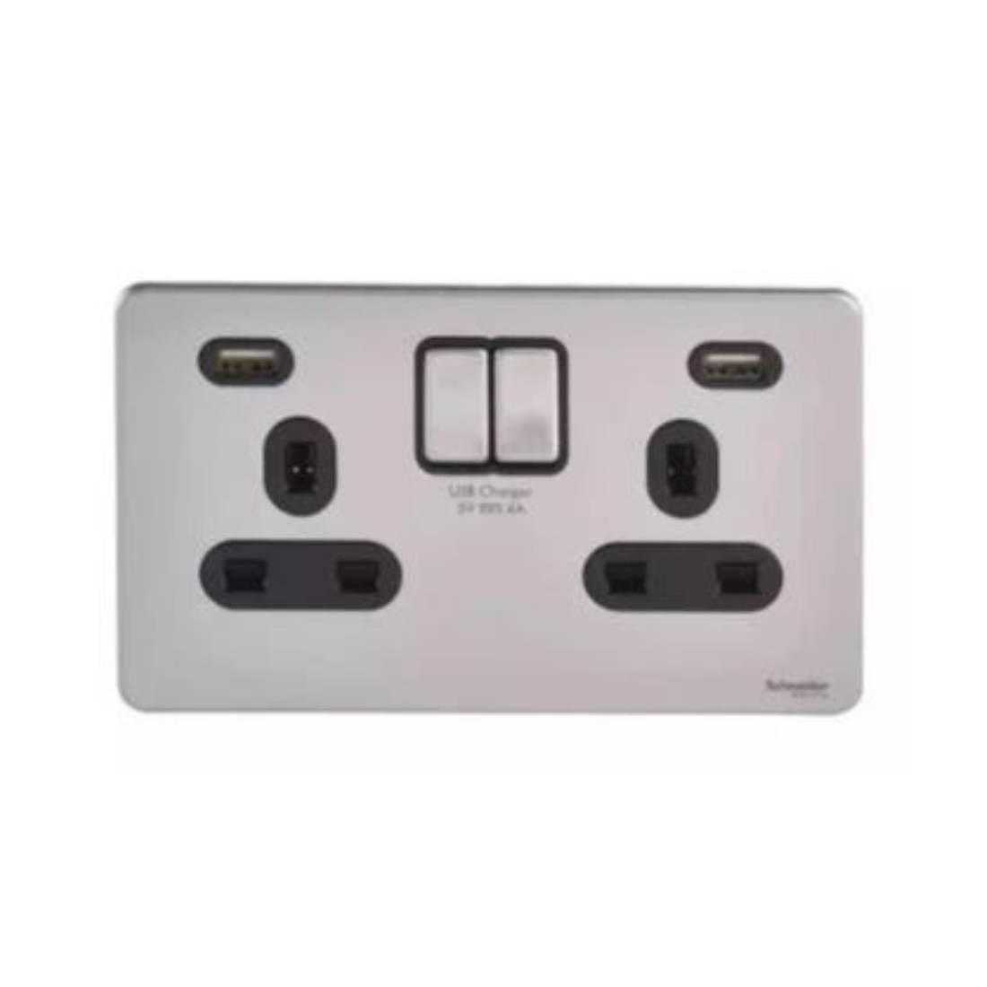 Schneider Electric Ultimate Switched Socket 2 USB Charger 2 Gang 13A GGBGU3424DBSS - Stainless Steel, Black Schneider Electric Ultimate Switched Socket 2 USB Charger 2 Gang 13A GGBGU3424DBSS - Stainless Steel, Black