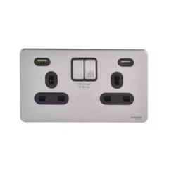 Schneider Electric Ultimate Switched Socket 2 USB Charger 2 Gang 13A GGBGU3424DBSS - Stainless Steel, Black - Slide 1