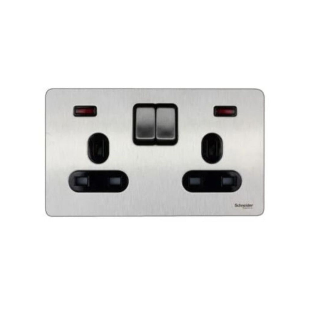 Schneider ULT.SCRWLS Flat Plate 2 Gang 13A DP Switched with Neon - Stainless Steel