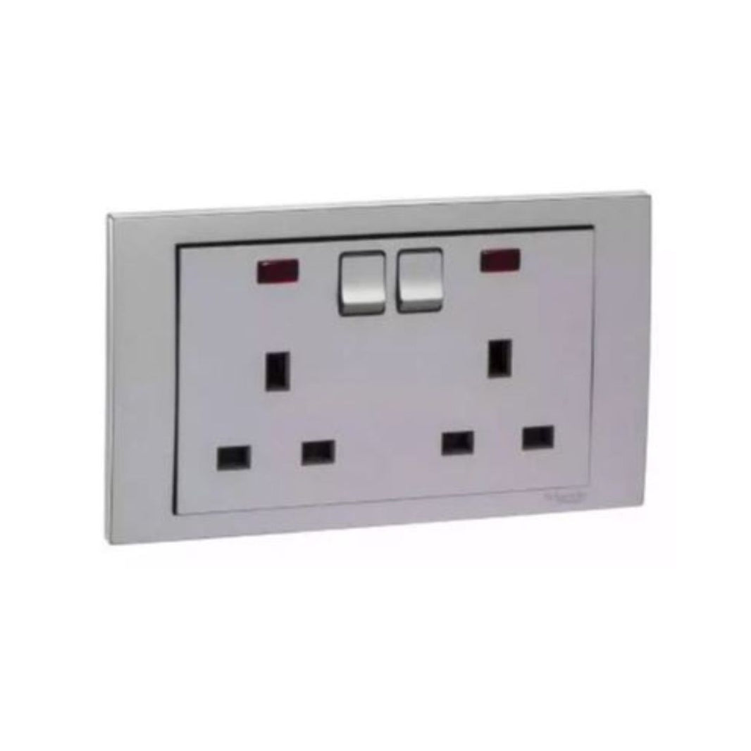 Schneider Electric Vivace Twin Gang Switched Socket with Neon 13A 250V KB25N_AS - Aluminium Silver