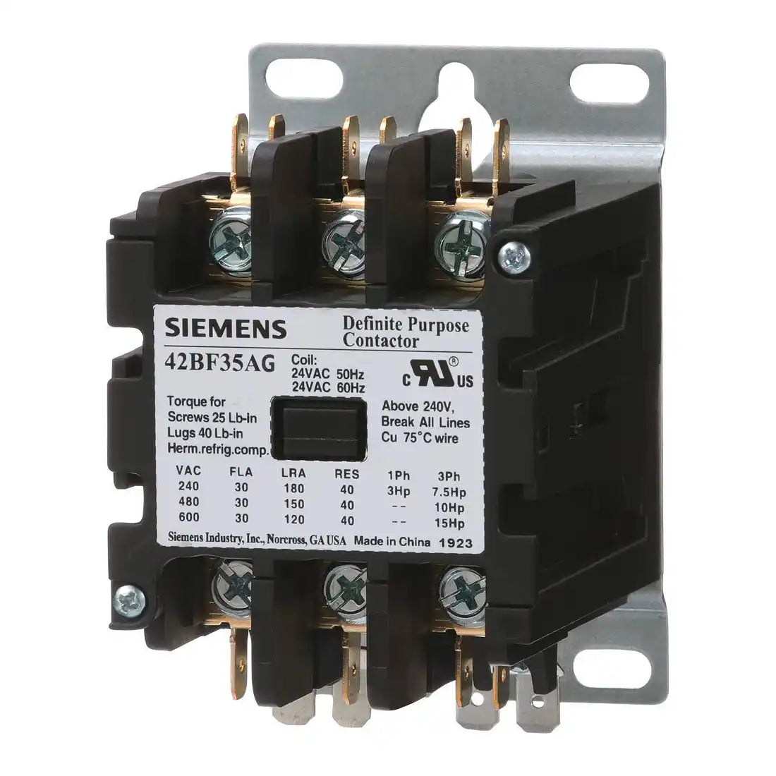 Siemens 42BF35AG 3-Pole Definite Purpose Contactor 30A Siemens 42BF35AG 3-Pole Definite Purpose Contactor 30A