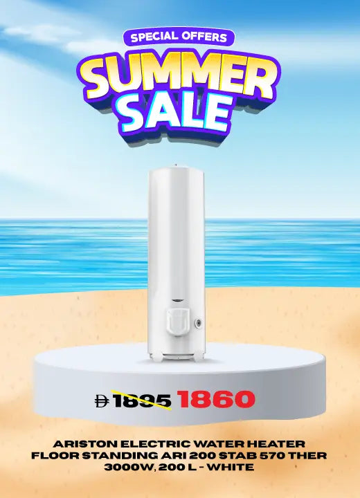 Special Offers Summer Sale banner with an Ariston electric water heater (Floor Standing ARI 200 STAB 570 THER, 3000W, 200L, White) displayed on a pedestal at the beach, showing discounted price of 1860 from 1895