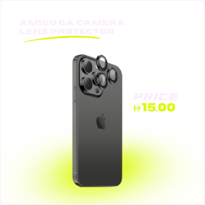 AMIGO.GA camera lens protector displayed on a smartphone, with bold purple background and price tag of AED 15.00.