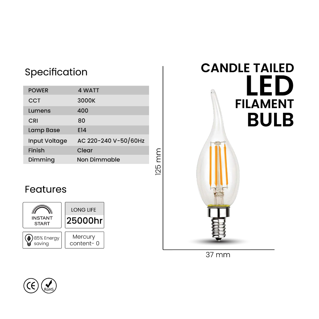 Pixelights LED Filament Bulb Candle Tailed 4W E14 - Warm White