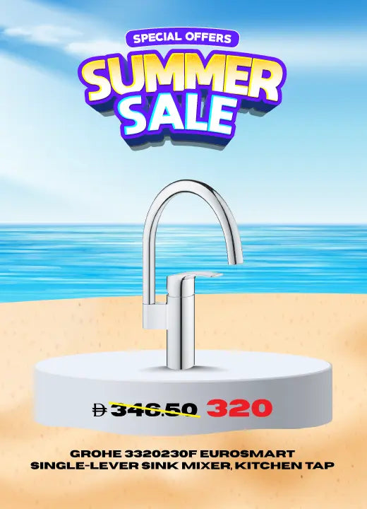 special Offers Summer Sale banner featuring a Grohe 3320230F Eurosmart single-lever sink mixer kitchen tap displayed on a white pedestal at the beach, with a discounted price of 320 from 346.50