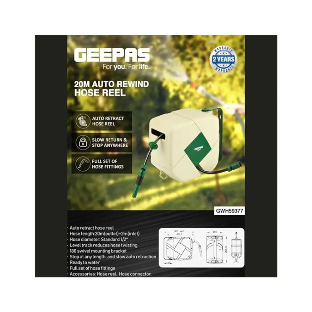 Geepas Auto Rewind Water Hose Reel 20m 1/2-Inch GWH59377