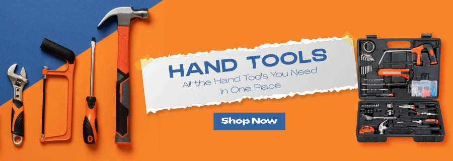 Banner featuring essential hand tools including a measuring tape, wrench, saw, screwdriver, and hammer, alongside a complete toolkit case with the text 'Hand Tools – All the Hand Tools You Need in One Place' and a 'Shop Now' button on an orange and blue background.