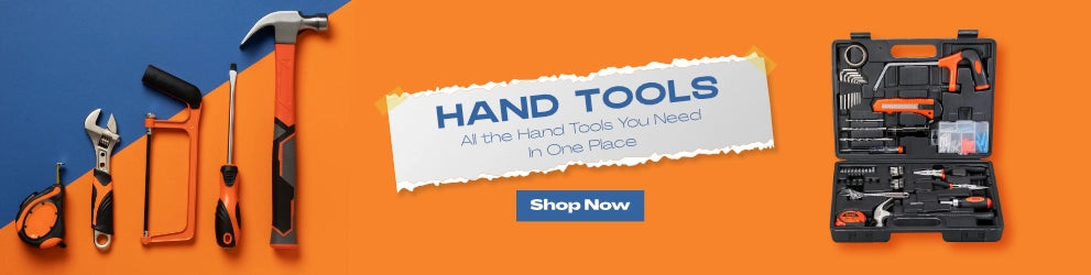 Banner featuring essential hand tools including a measuring tape, wrench, saw, screwdriver, and hammer, alongside a complete toolkit case with the text 'Hand Tools – All the Hand Tools You Need in One Place' and a 'Shop Now' button on an orange and blue background.