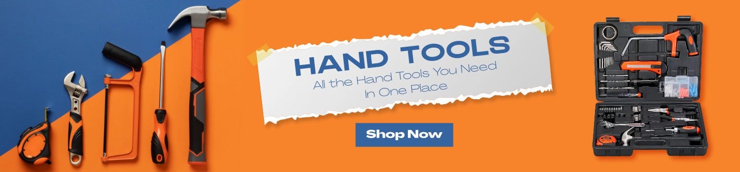 Banner featuring essential hand tools including a measuring tape, wrench, saw, screwdriver, and hammer, alongside a complete toolkit case with the text 'Hand Tools – All the Hand Tools You Need in One Place' and a 'Shop Now' button on an orange and blue background.