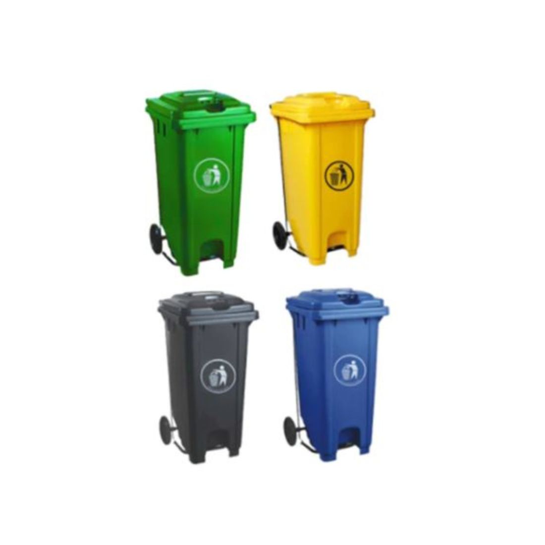 Hygiene System Garbage Bin with Wheel and Centre Pedal 100L - Green, Grey, Blue & Yellow