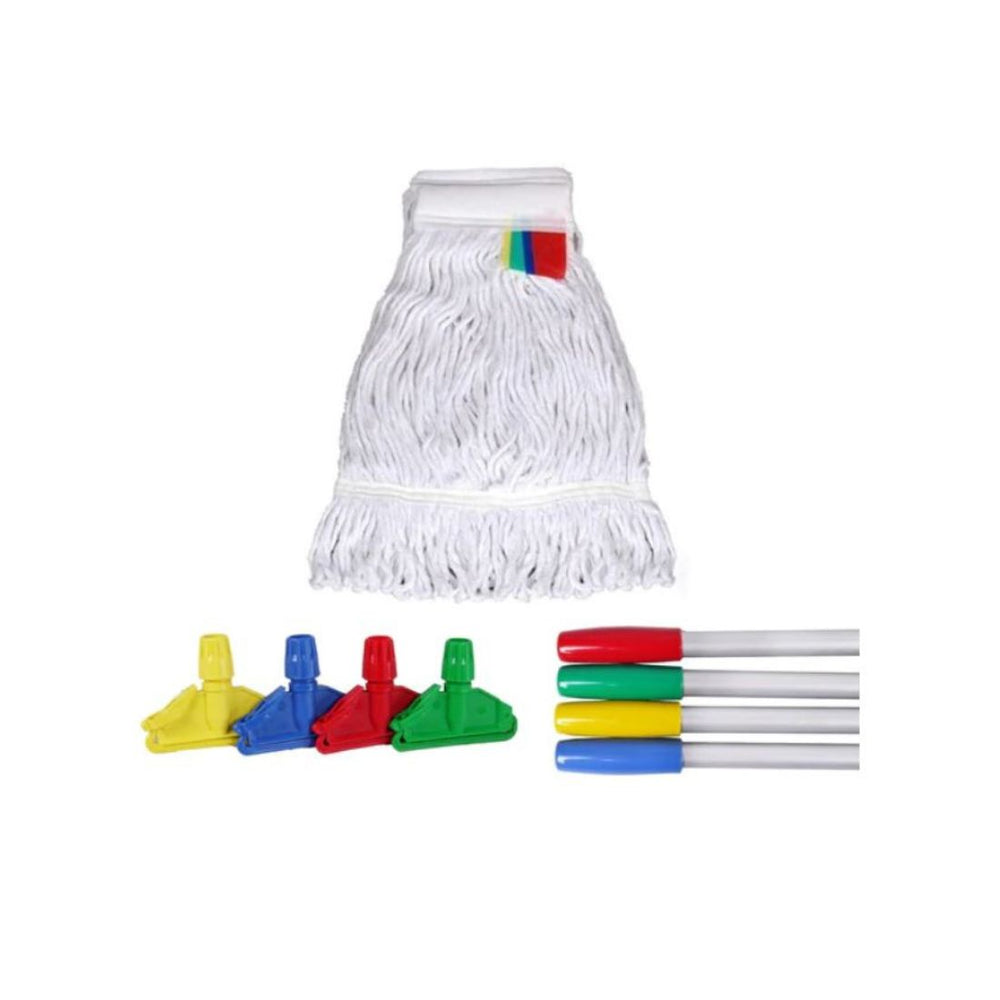 Hygiene System Kentucky Cotton Wet Mop 4 Tabs Round With Plastic Holder & Aluminium Handle Bleached White