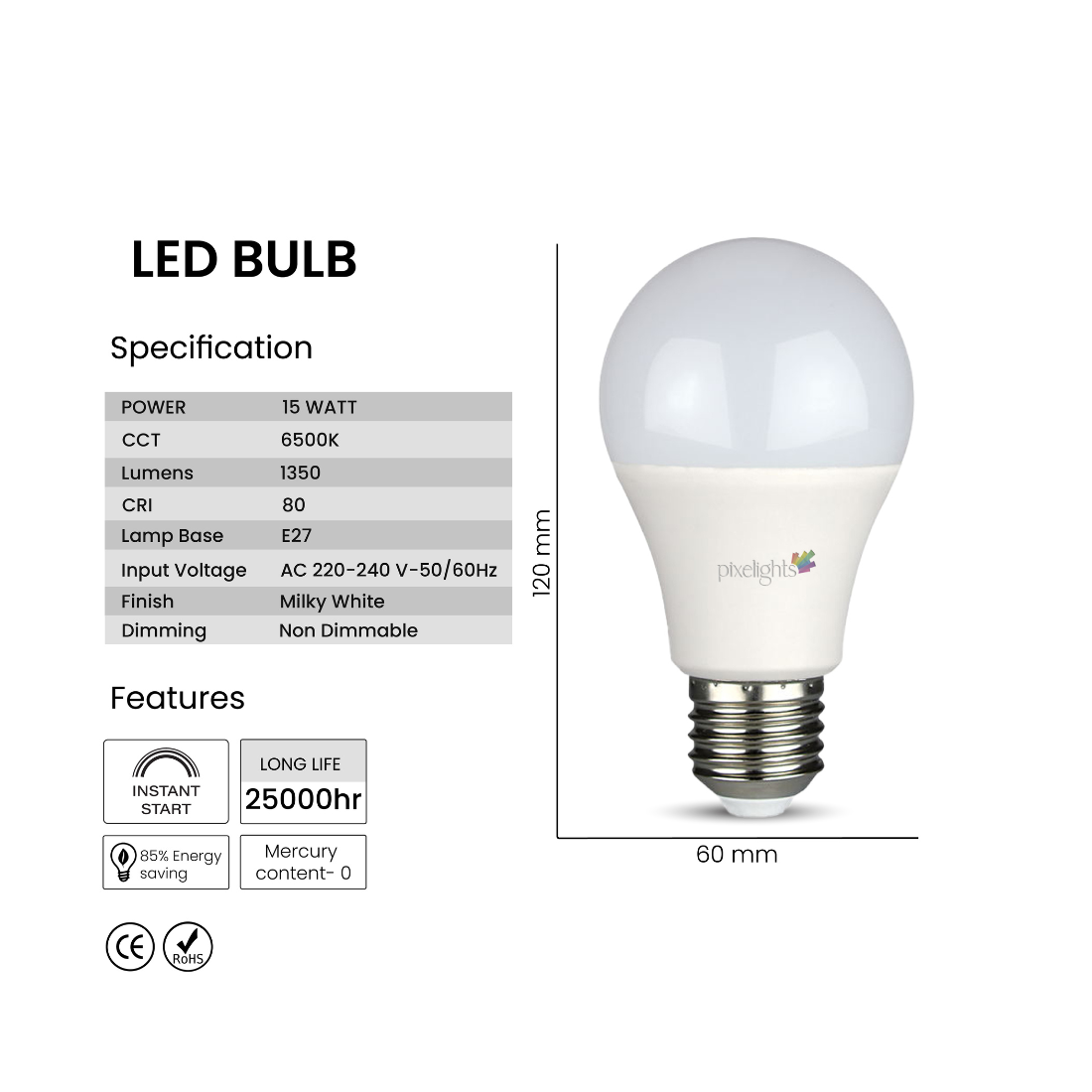 Pixelights LED Bulb 15W E27 - Daylight