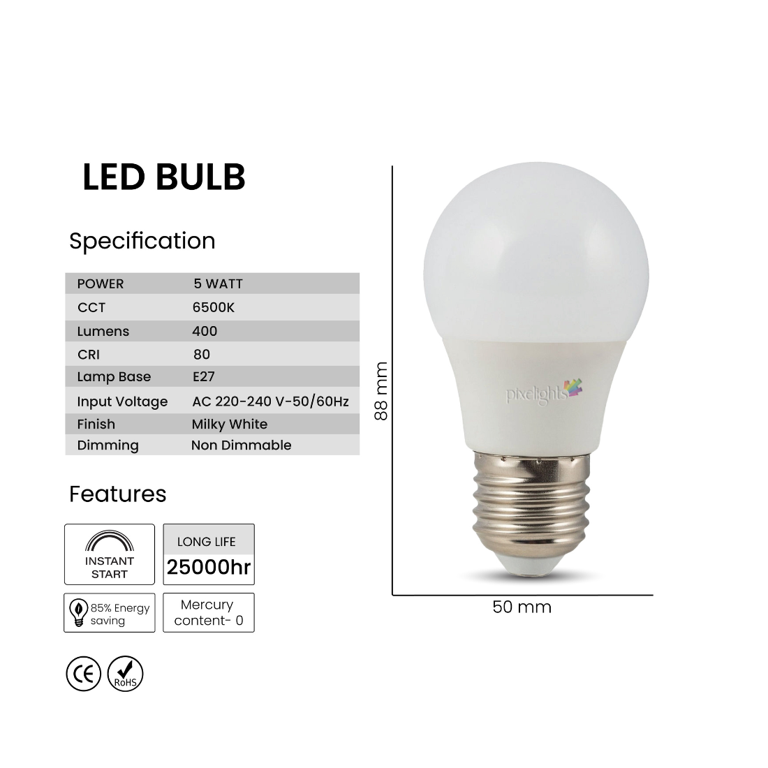 Pixelights LED Bulb 5W E27 - Daylight