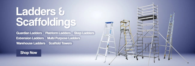 Promotional banner featuring various types of ladders and scaffoldings, including step ladders, extension ladders, and scaffold towers, with text listing ladder categories and a 'Shop Now' button on a gradient blue background.
