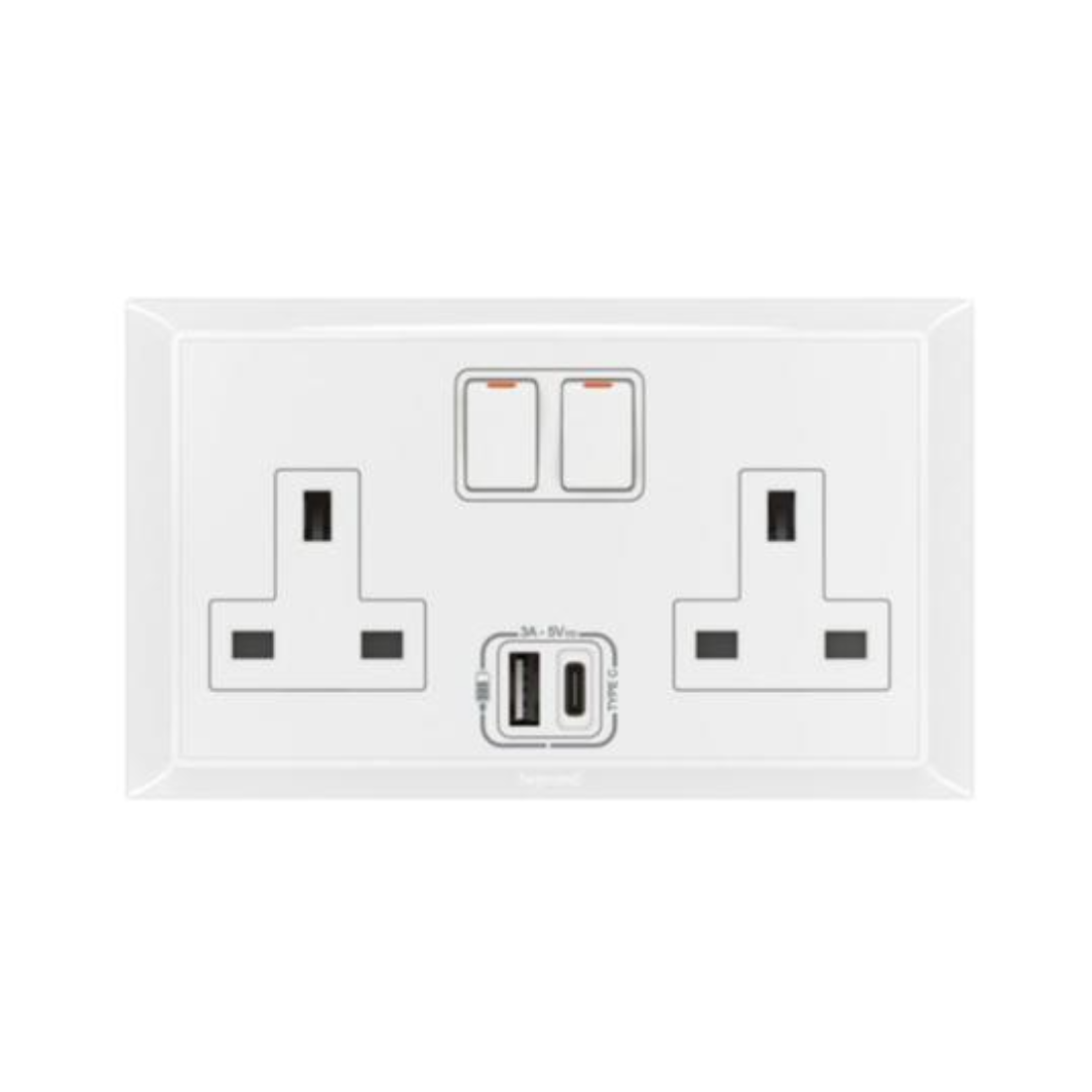 Legrand Belanko S 2 Gang Single Pole BS Switched Socket Outlet Inboard 13A + USB Type A+C