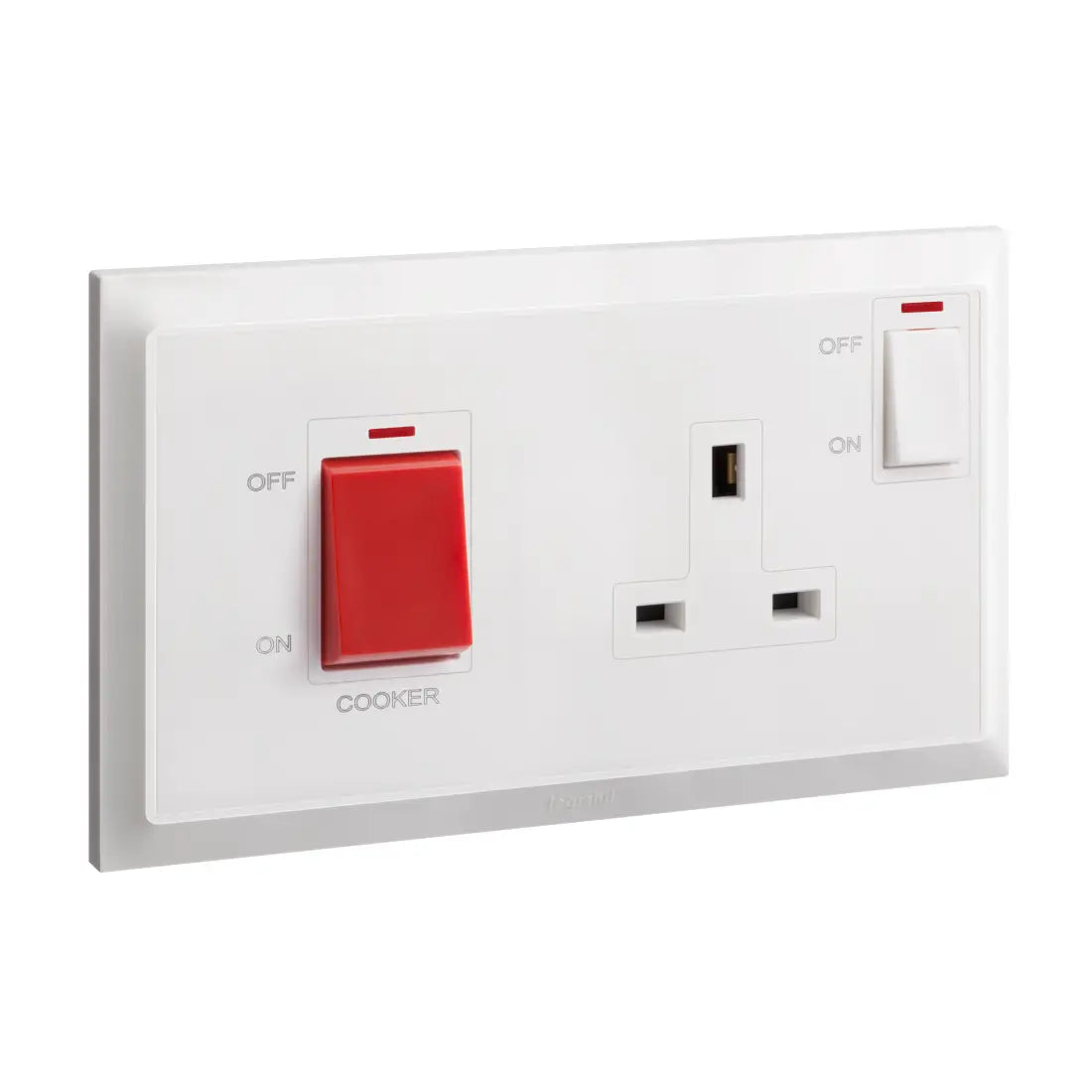 Legrand Belanko S 2 Gang Double Pole Switch 45A and BS Switched Socket Outlet Neon with Cooker Marking 13A