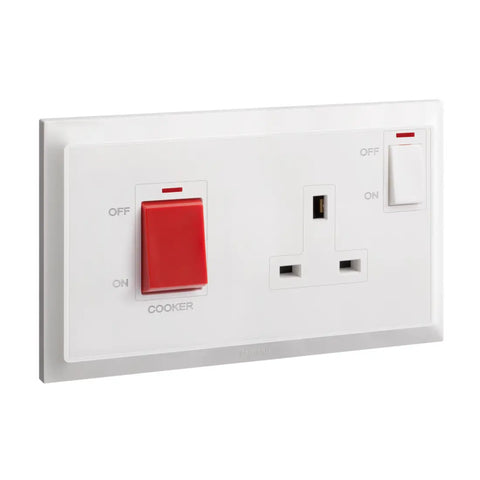 Legrand Belanko S 2 Gang Double Pole Switch 45A and BS Switched Socket Outlet Neon with Cooker Marking 13A