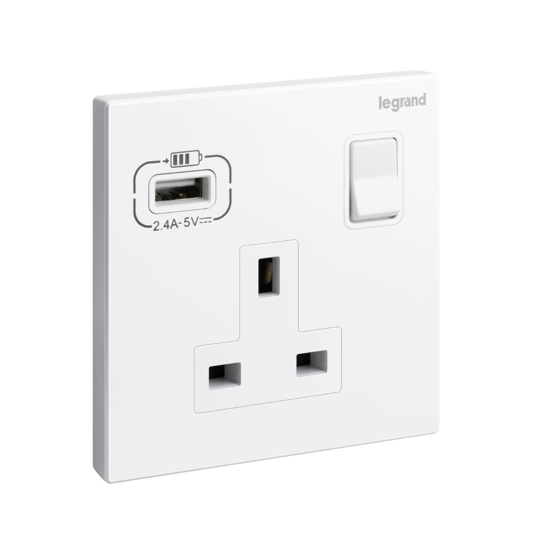 Legrand Galion 1 Gang Single Pole Switched Socket Outlet with USB A 15W charger 282441A
