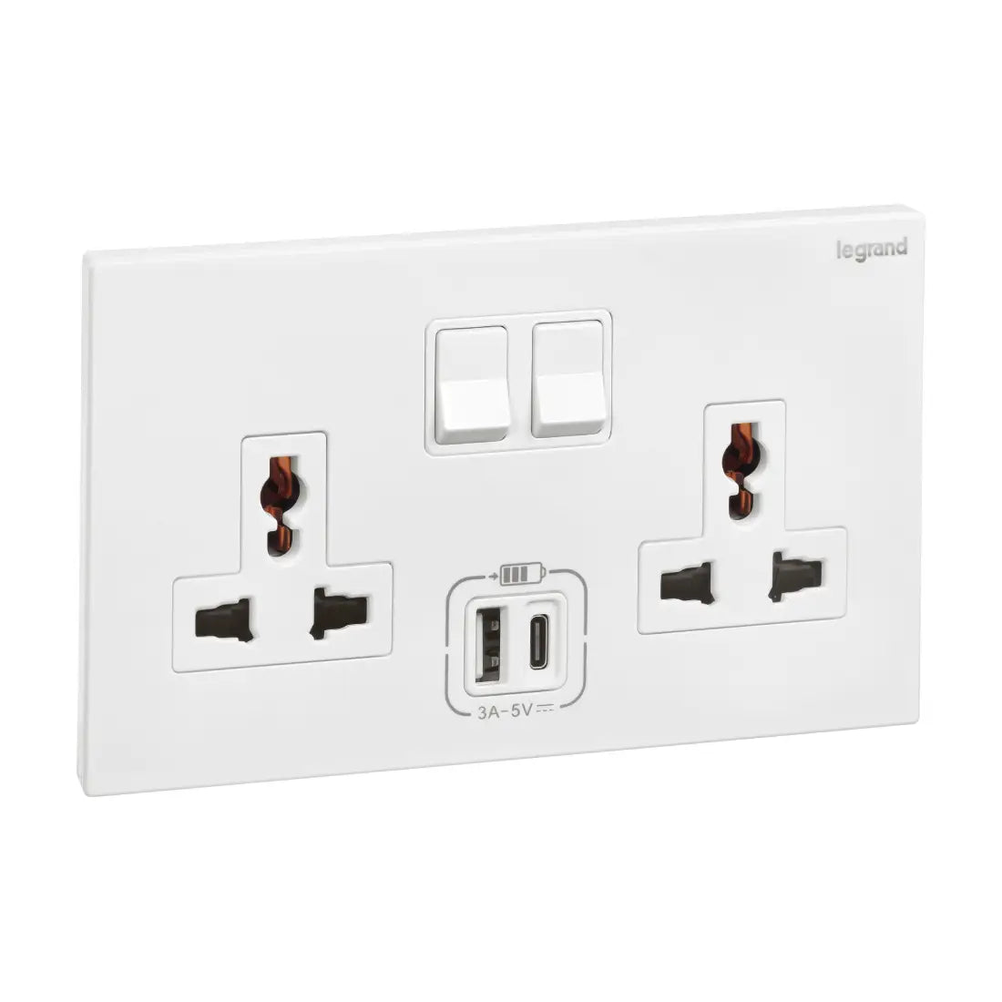 Legrand Galion 2 Gang Multistandard Switched Socket Outlet with 3A Type A and Type C USB Chargers 282444