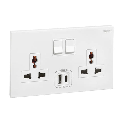 Legrand Galion 2 Gang Multistandard Switched Socket Outlet with 3A Type A and Type C USB Chargers 282444