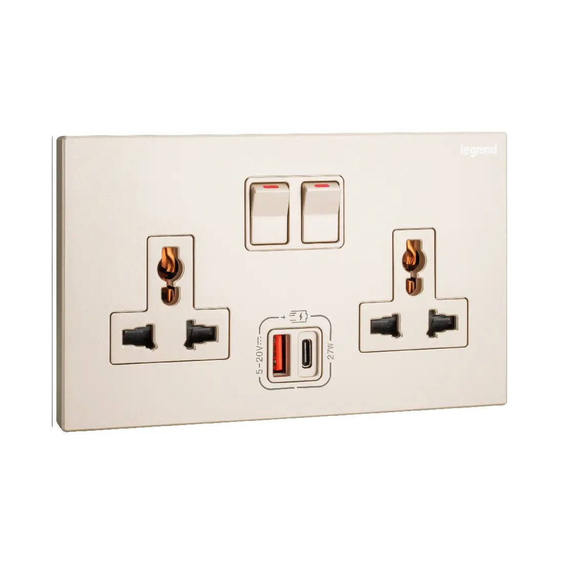 Legrand Galion 2 Gangs Multistandard Switched Socket Outlets with 27W USB Type A and C Charger 282337