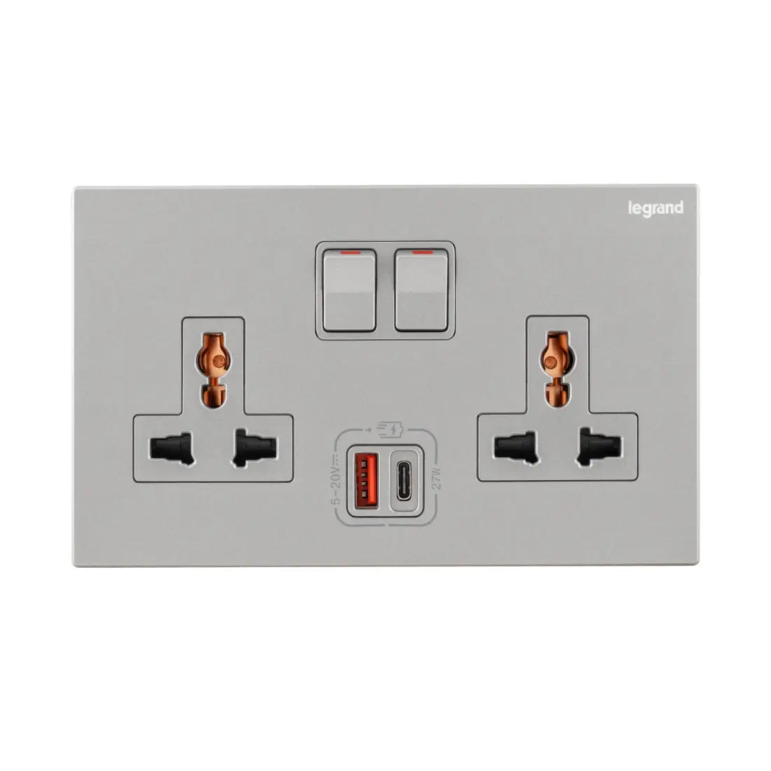 Legrand Galion 2 Gangs Multistandard Switched Socket Outlets with 27W USB Type A and C Charger 282337