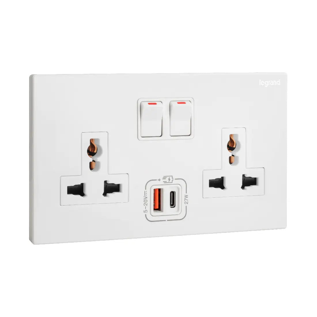Legrand Galion 2 Gangs Multistandard Switched Socket Outlets with 27W USB Type A and C Charger 282337