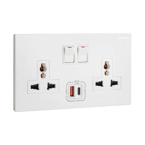 Legrand Galion 2 Gangs Multistandard Switched Socket Outlets with 27W USB Type A and C Charger 282337