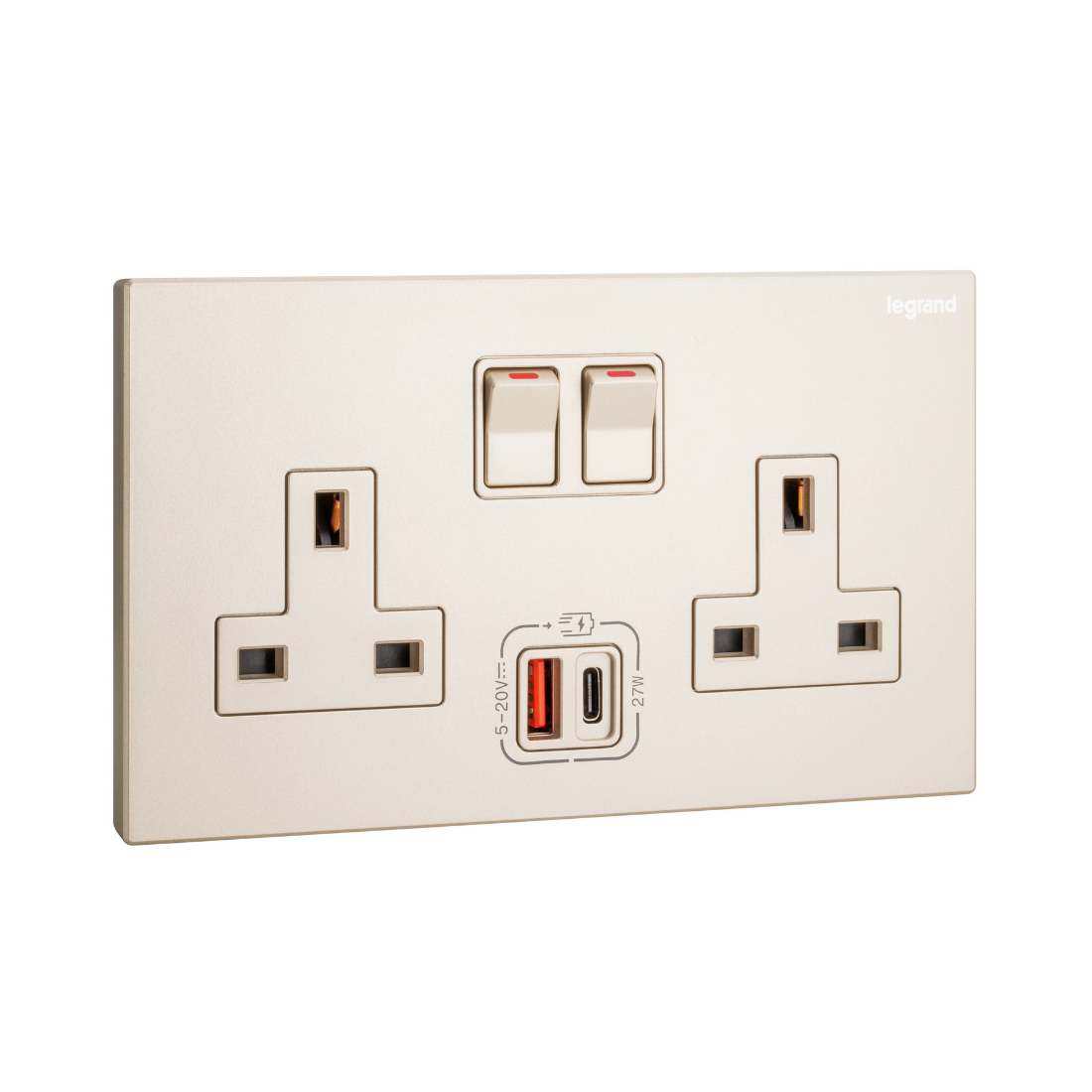 Legrand Galion 2 Gangs Single Pole Switched Socket Outlets with 27W USB Type A and C Charger 282336