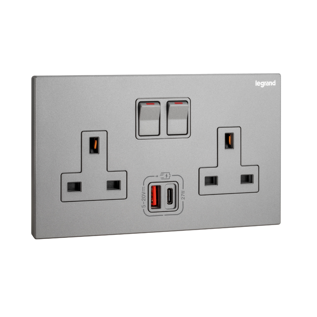 Legrand Galion 2 Gangs Single Pole Switched Socket Outlets with 27W USB Type A and C Charger 282336