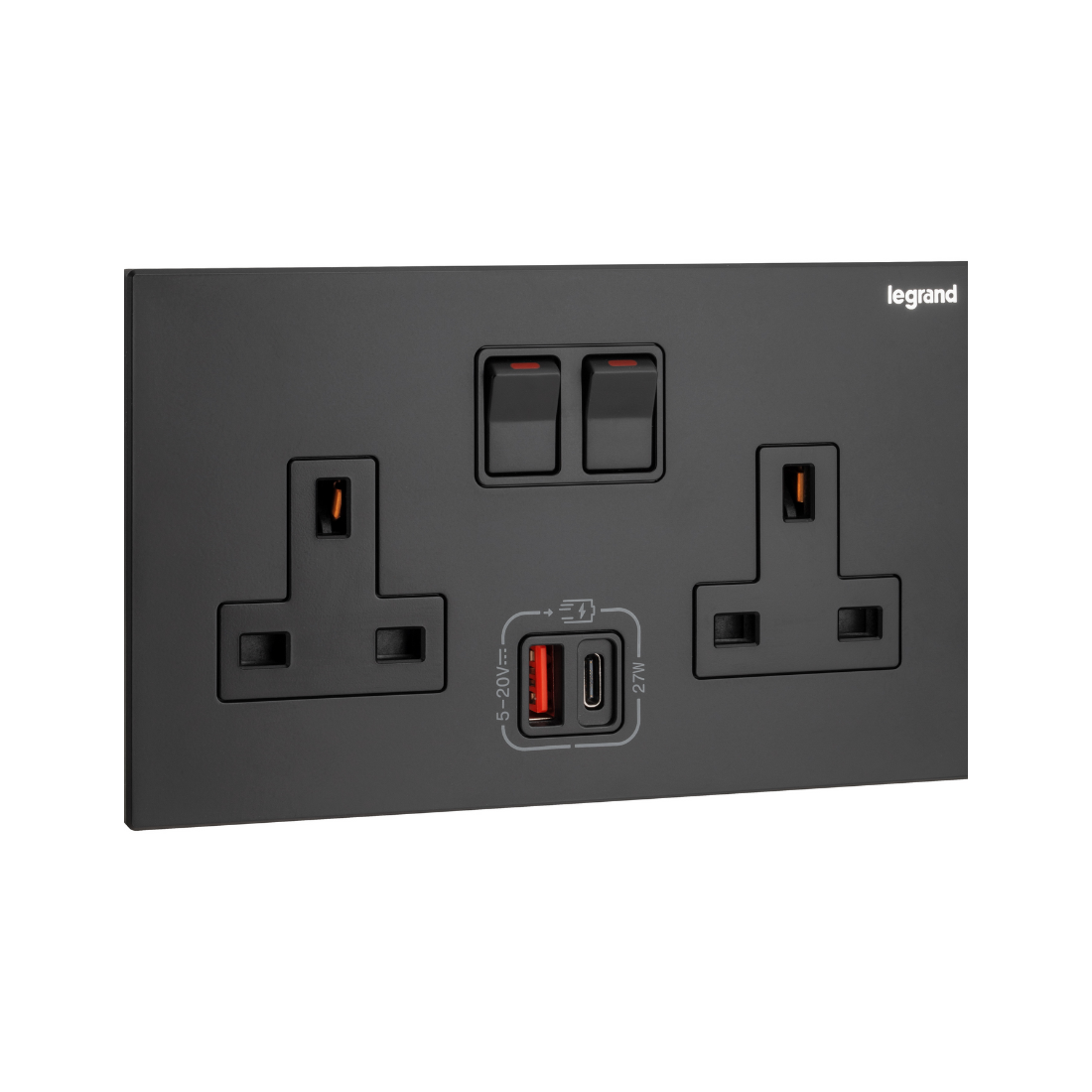 Legrand Galion 2 Gangs Single Pole Switched Socket Outlets with 27W USB Type A and C Charger 282336