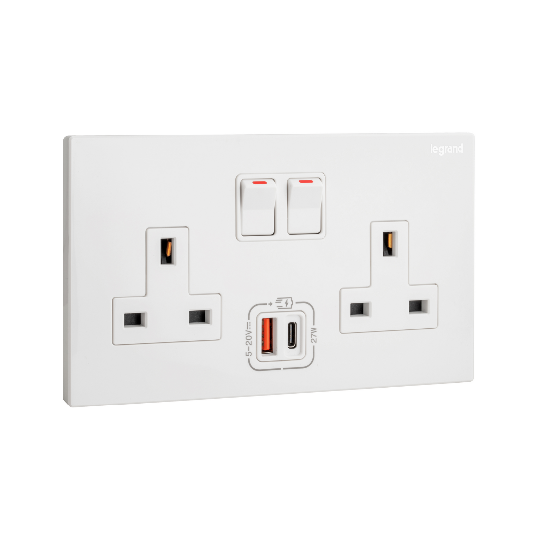 Legrand Galion 2 Gangs Single Pole Switched Socket Outlets with 27W USB Type A and C Charger 282336