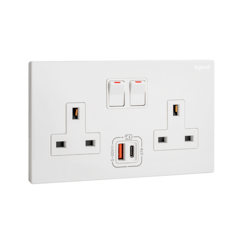 Legrand Galion 2 Gangs Single Pole Switched Socket Outlets with 27W USB Type A and C Charger 282336
