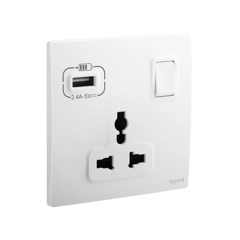 Legrand Mallia Senses 1 Gang Multistandard Switched Socket Outlet with USB A 15W Charger 281121A