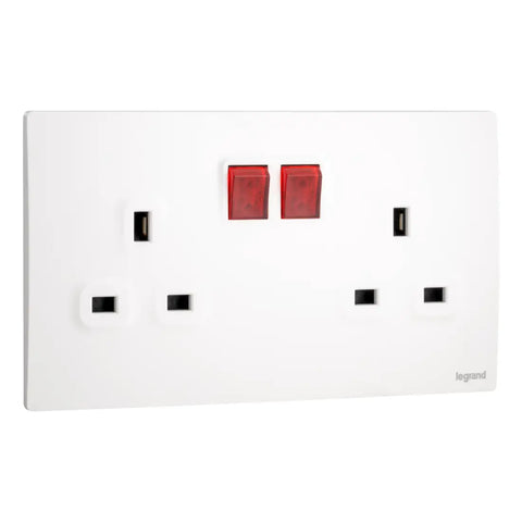 Legrand Mallia Senses 2 Gang BS Switched Socket Outlet Single Pole with LED 281115