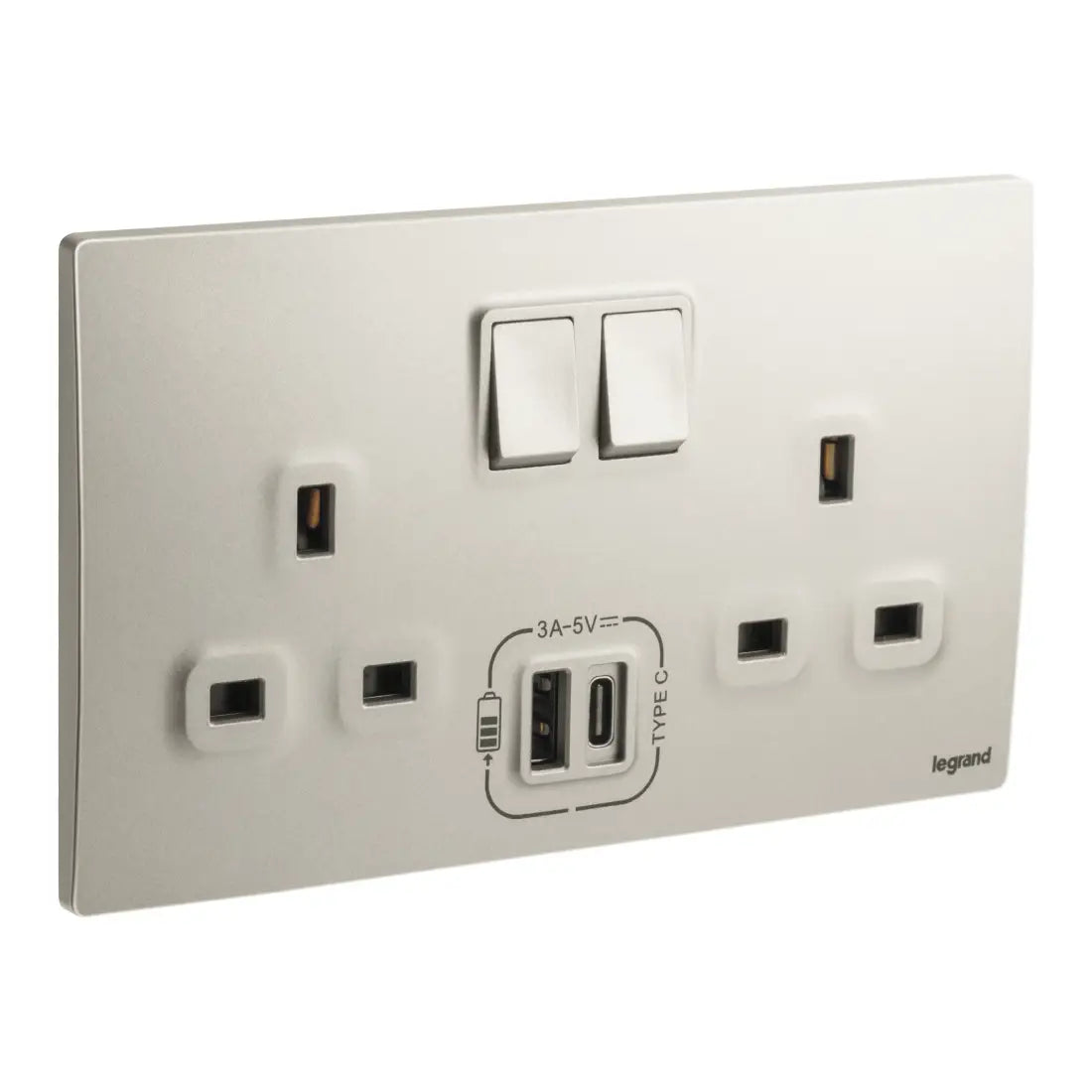 Legrand Mallia Senses 2 Gang British Standard Switched Socket Outlet Single Pole 13A with 3000mA A and C Types USB Chargers 281136