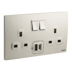 Legrand Mallia Senses 2 Gang British Standard Switched Socket Outlet Single Pole 13A with 3000mA A and C Types USB Chargers 281136 - Slide 5