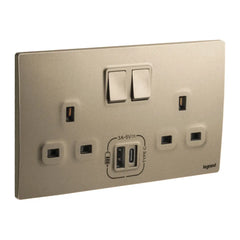 Legrand Mallia Senses 2 Gang British Standard Switched Socket Outlet Single Pole 13A with 3000mA A and C Types USB Chargers 281136 - Slide 4