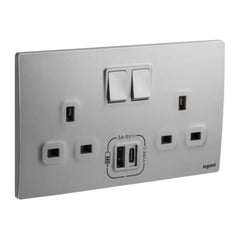 Legrand Mallia Senses 2 Gang British Standard Switched Socket Outlet Single Pole 13A with 3000mA A and C Types USB Chargers 281136 - Slide 3