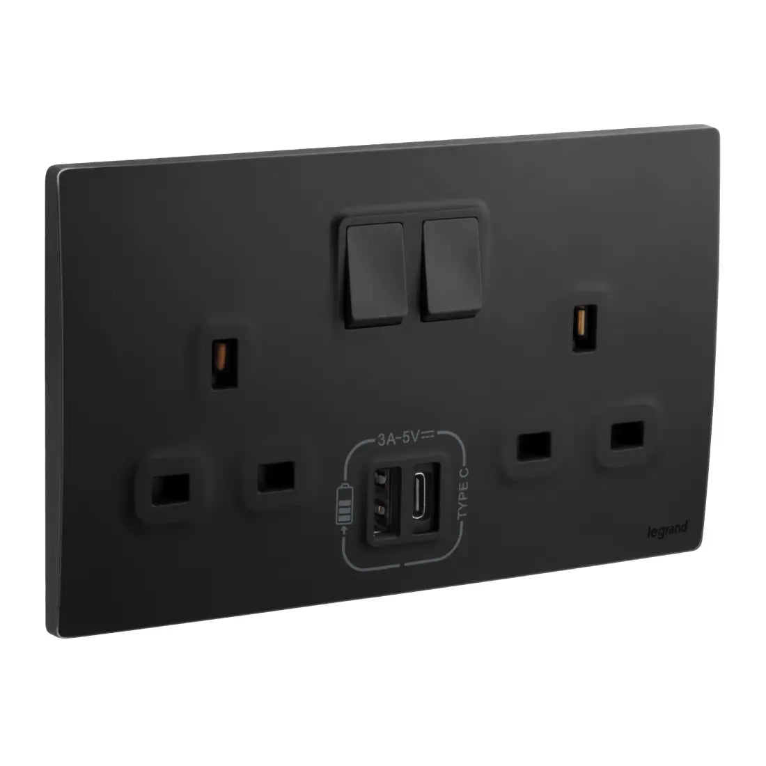 Legrand Mallia Senses 2 Gang British Standard Switched Socket Outlet Single Pole 13A with 3000mA A and C Types USB Chargers 281136