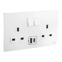 Legrand Mallia Senses 2 Gang British Standard Switched Socket Outlet Single Pole 13A with 3000mA A and C Types USB Chargers 281136 - Slide 1