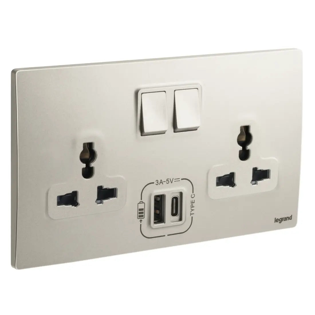 Legrand Mallia Senses 2 Gang Multistandard Switched Socket Outlet with 3000mA Type A and C USB Chargers 281123