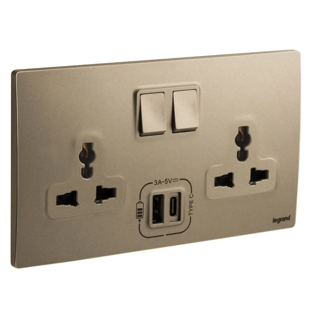 Legrand Mallia Senses 2 Gang Multistandard Switched Socket Outlet with 3000mA Type A and C USB Chargers 281123