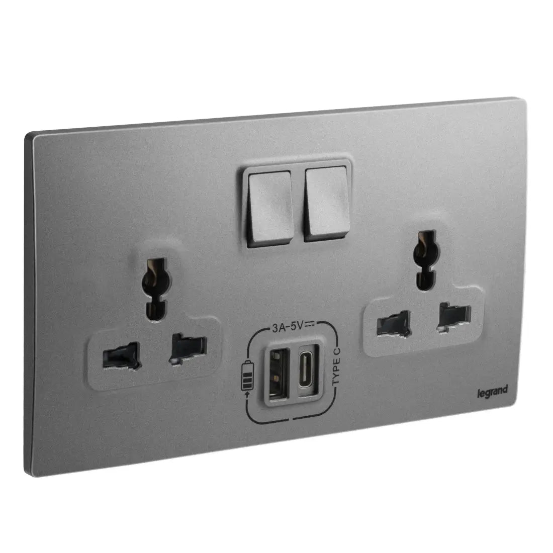 Legrand Mallia Senses 2 Gang Multistandard Switched Socket Outlet with 3000mA Type A and C USB Chargers 281123