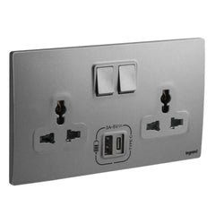 Legrand Mallia Senses 2 Gang Multistandard Switched Socket Outlet with 3000mA Type A and C USB Chargers 281123 - Slide 3