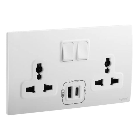 Legrand Mallia Senses 2 Gang Multistandard Switched Socket Outlet with 3000mA Type A and C USB Chargers 281123