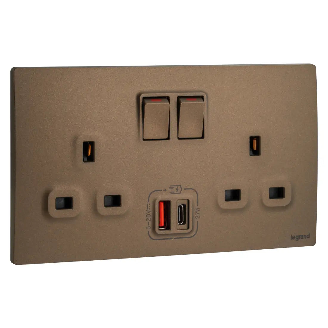 Legrand Mallia Senses 2 Gang Single Pole Switched Socket Outlets with Type A and B USB 27W Charger 281137