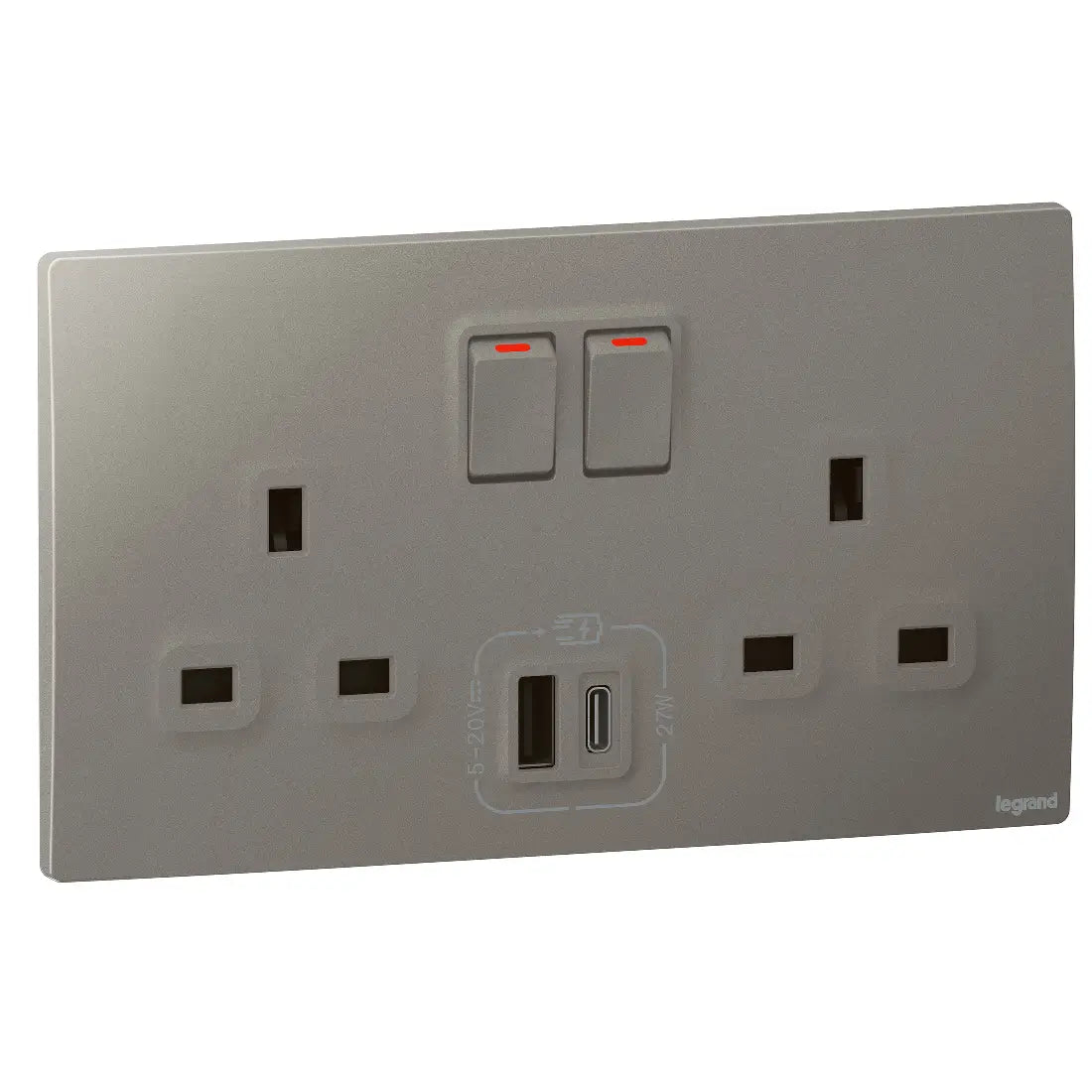 Legrand Mallia Senses 2 Gang Single Pole Switched Socket Outlets with Type A and B USB 27W Charger 281137