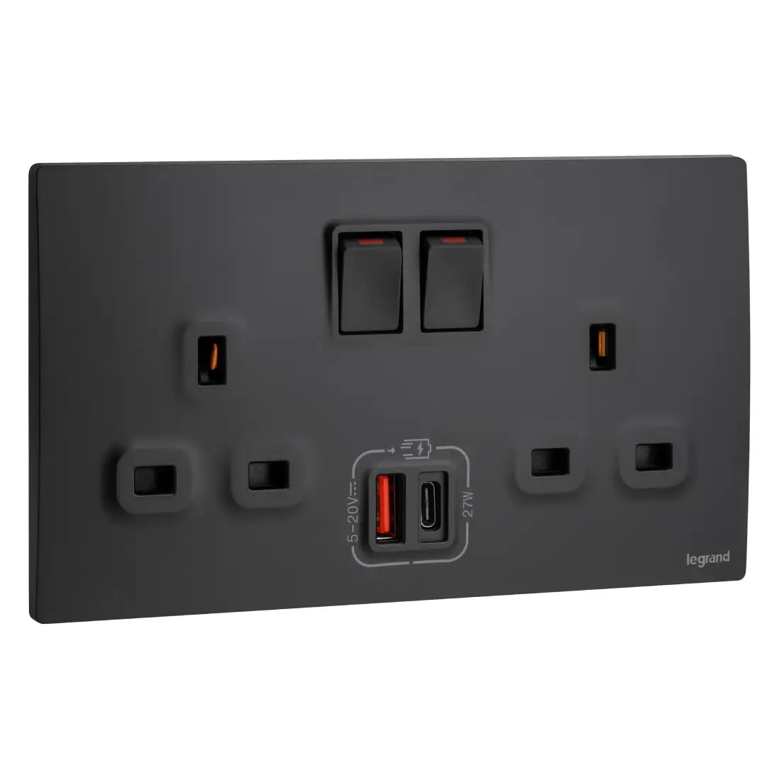 Legrand Mallia Senses 2 Gang Single Pole Switched Socket Outlets with Type A and B USB 27W Charger 281137